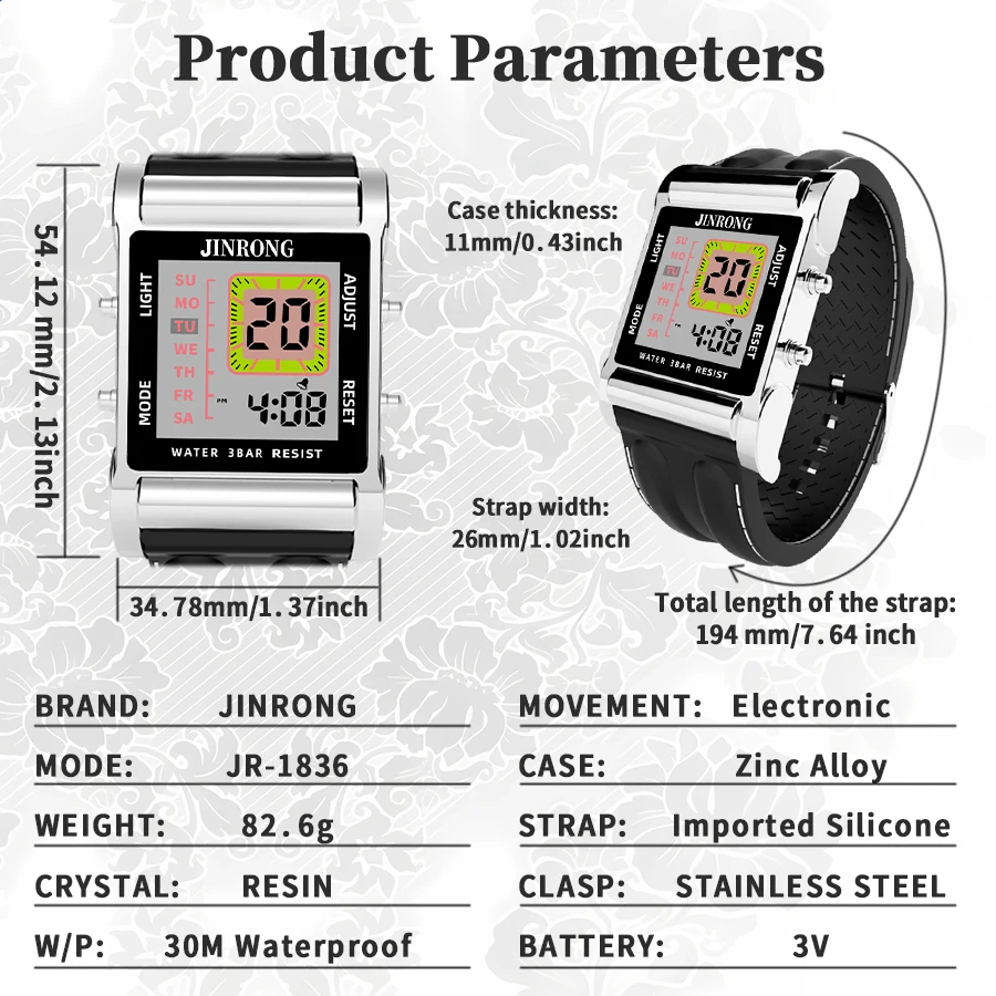 세련된 남성용 및 여성용 디지털 시계, 사각 다이얼 30M 방수 실리콘 스트랩 아연 합금 케이스 스톱워치=
