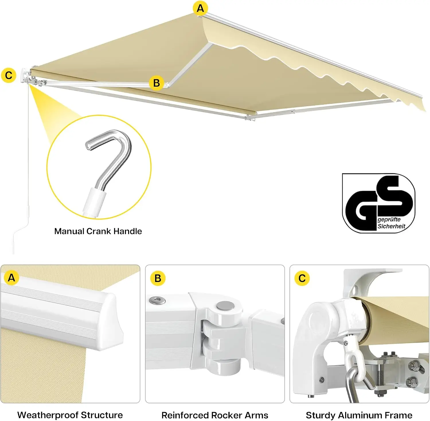 Patio Awning Retractable Fully Assembled 8.2’×6.5‘, Manual Commercial Grade - Premium Quality 100% 280G Ployester Window Door Su