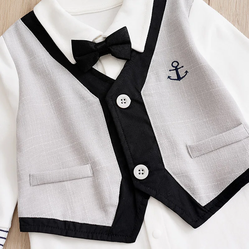 Newborn Boy Casual And Comfortable Gentleman Bow Splicing Fake Vest Cartoon Anchor Spring And Autumn Long Sleeved Baby Jumpsuit