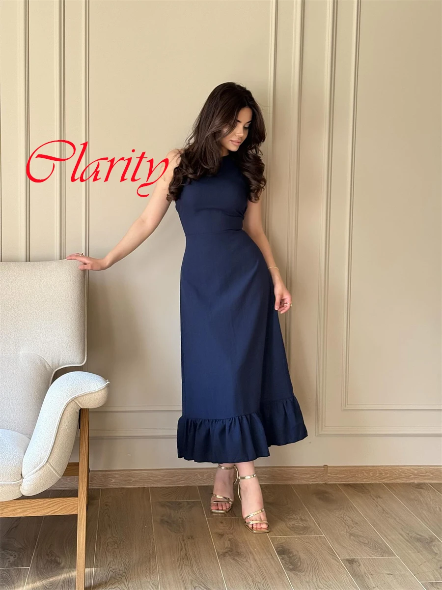 

Customized Temperament Dark Blue Jersey Evening Dress High Quality Crew Neck Cap Sleeve Zipper Back Special Occasion Gowns