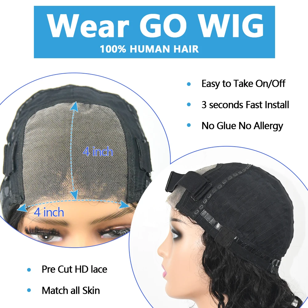 Wig tanpa lem 24 inci rambut manusia Wig ombak dalam 100% rambut manusia siap pakai 4x4 Wig keriting Wig depan renda transparan Brasil