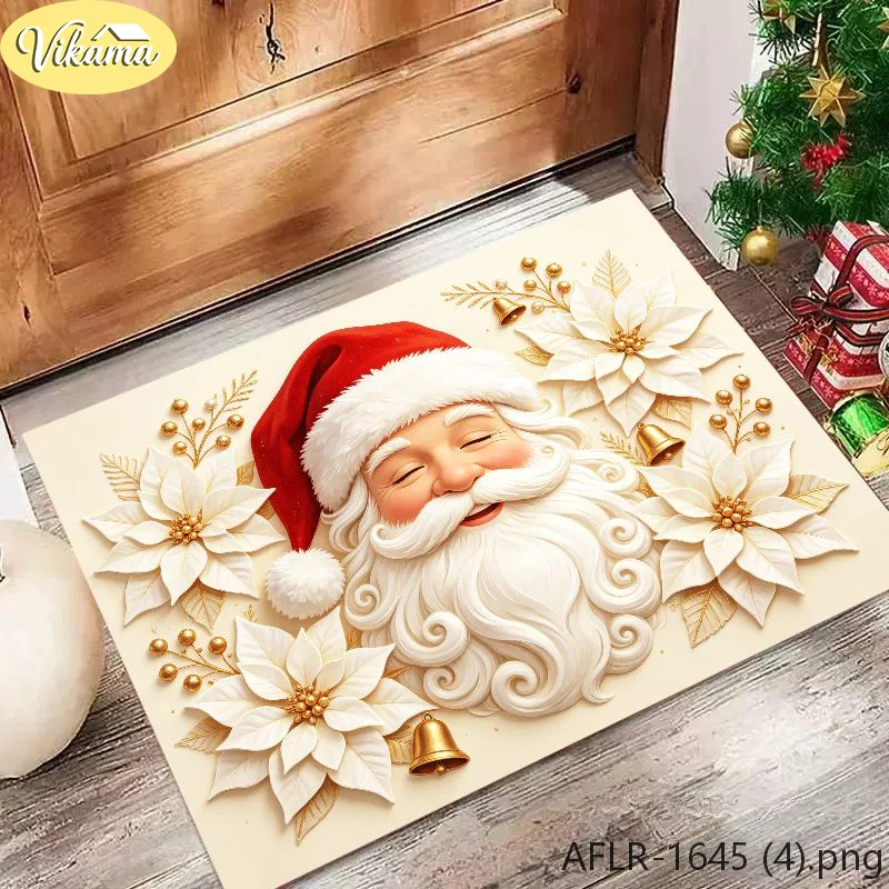 VIKAMA Elegant Santa Claus Doormat White Poinsettias Golden Bells Cream Merry Christmas Welcome Mat Entryway Rug Decor