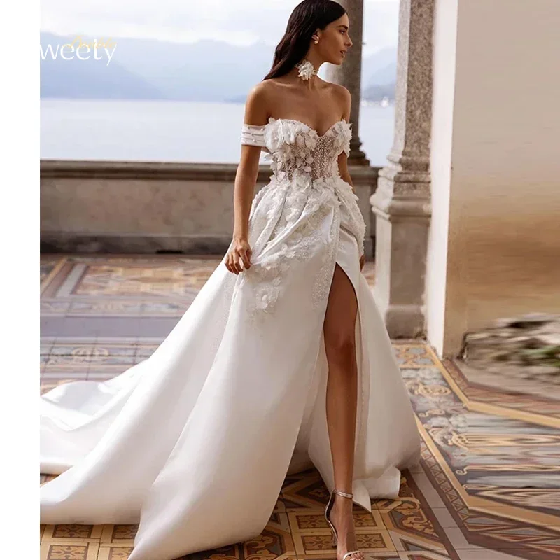 

Elegant Wedding Dress Soft Satin Organza With Embroidery Slit A Line Ball Gow Boat Neck Sleeveless Bridal Dress Vestido De Novia