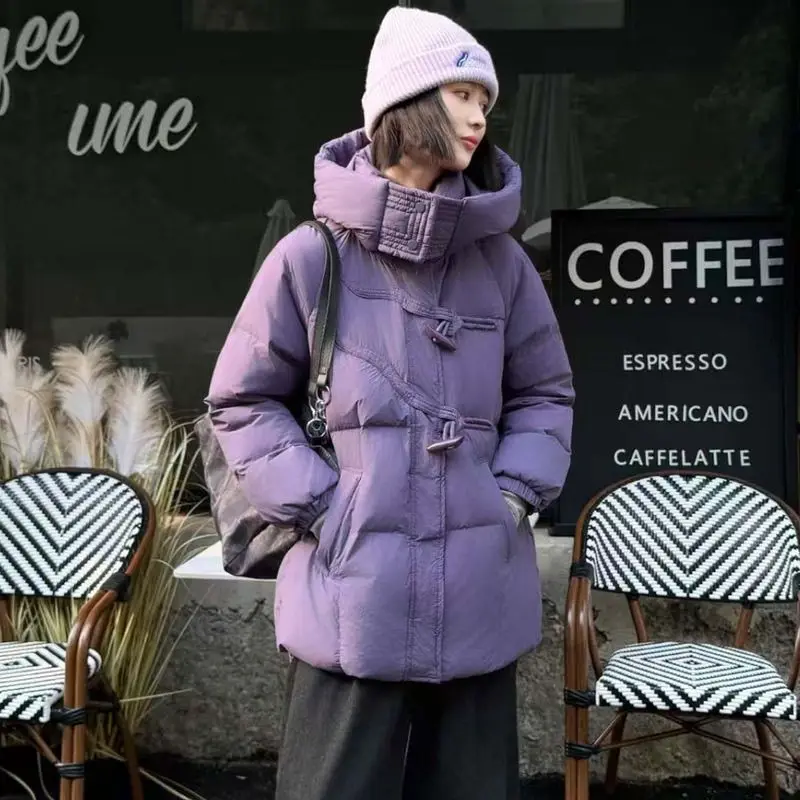 

Winter New Women's Down Jacket 90 White Duck Down Windproof Hooded Cow Horn Button Jacket