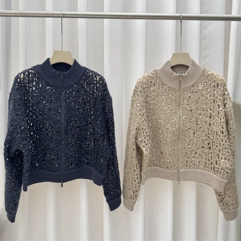 

Кардиган для женщин. Новый эластичный вязаный топ с длинными рукавами на осень 2021. Женский свитер из смеси шерсти с блестками, тонкое пальто.