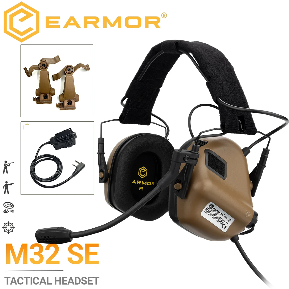 EARMOR M32 سماعة الرأس التكتيكية و M51 PTT وخوذة السكك الحديدية محول الصيد اطلاق النار غطاء للأذنين حماية السمع سماعات