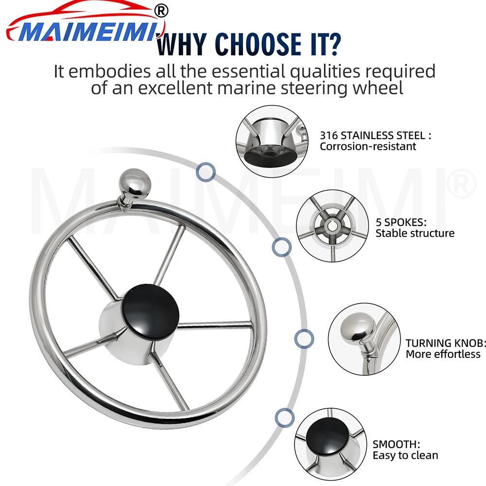 11Inch Stainless Steel Steering Wheel Mirror Polished Yacht with Control Knob 5 Spoke Destroyer For Yacht Boat Accessories