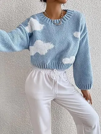 

New Female Clothing Outfits for Women Cloud Pattern Turtleneck Long Sleeved Short Sweater Casual Fashion Elegant Street Style