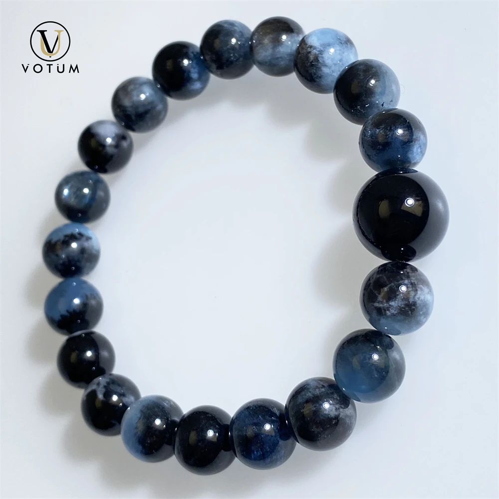 Votum 9m Natural Evil Blue Aquamarine Beaded Bracelet for Men Black Tourmaline Energy Protection Dad Wrist Bracelet GiftJewelry