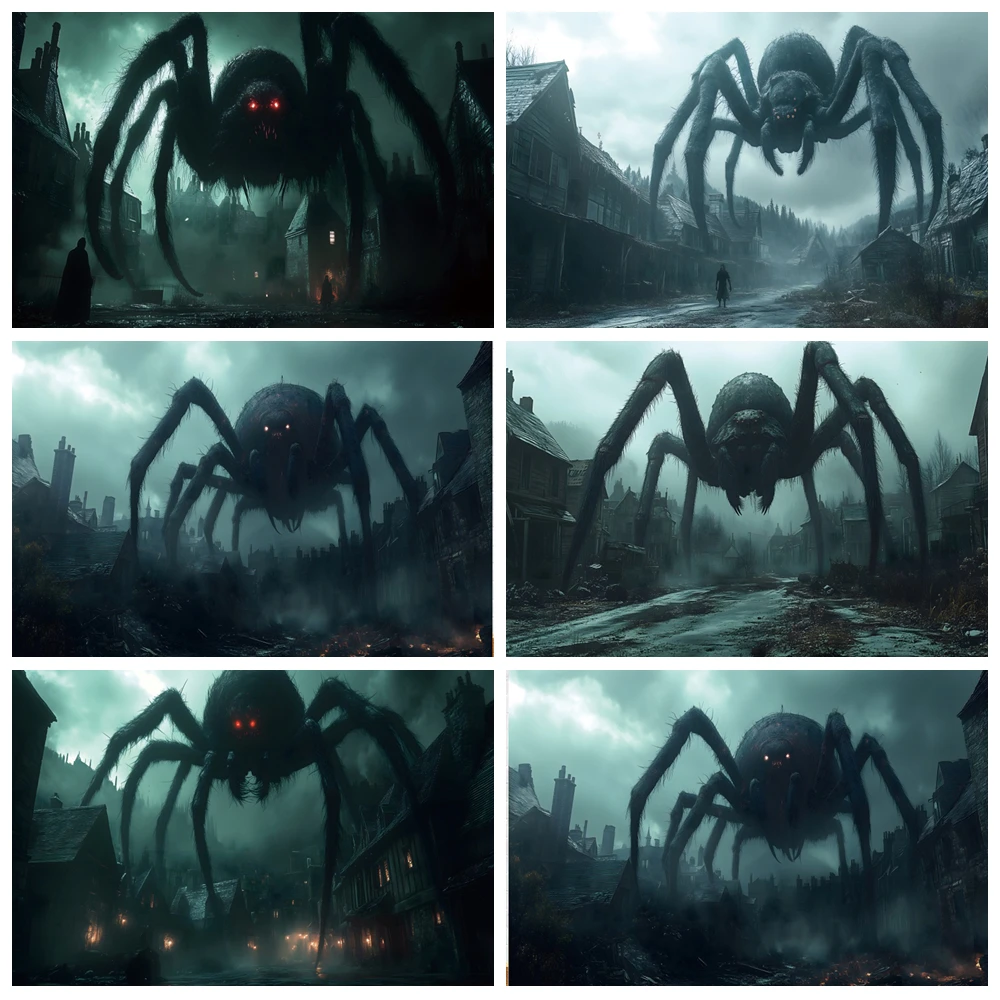

Halloween Party Backdrop Horror Moon Night Giant Spider Ruins Mist Village Scary Halloween Photography Background Photo Studio