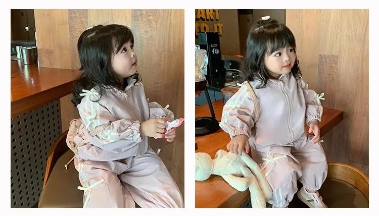 Koreanischer Stil, Jacke mit Schleife und Hose, zweiteiliges Set – lässiges Frühlingsoutfit für kleine Mädchen, Baby-Mädchen-Outfit-Set, Kleidung für kleine Mädchen. – Detail 6