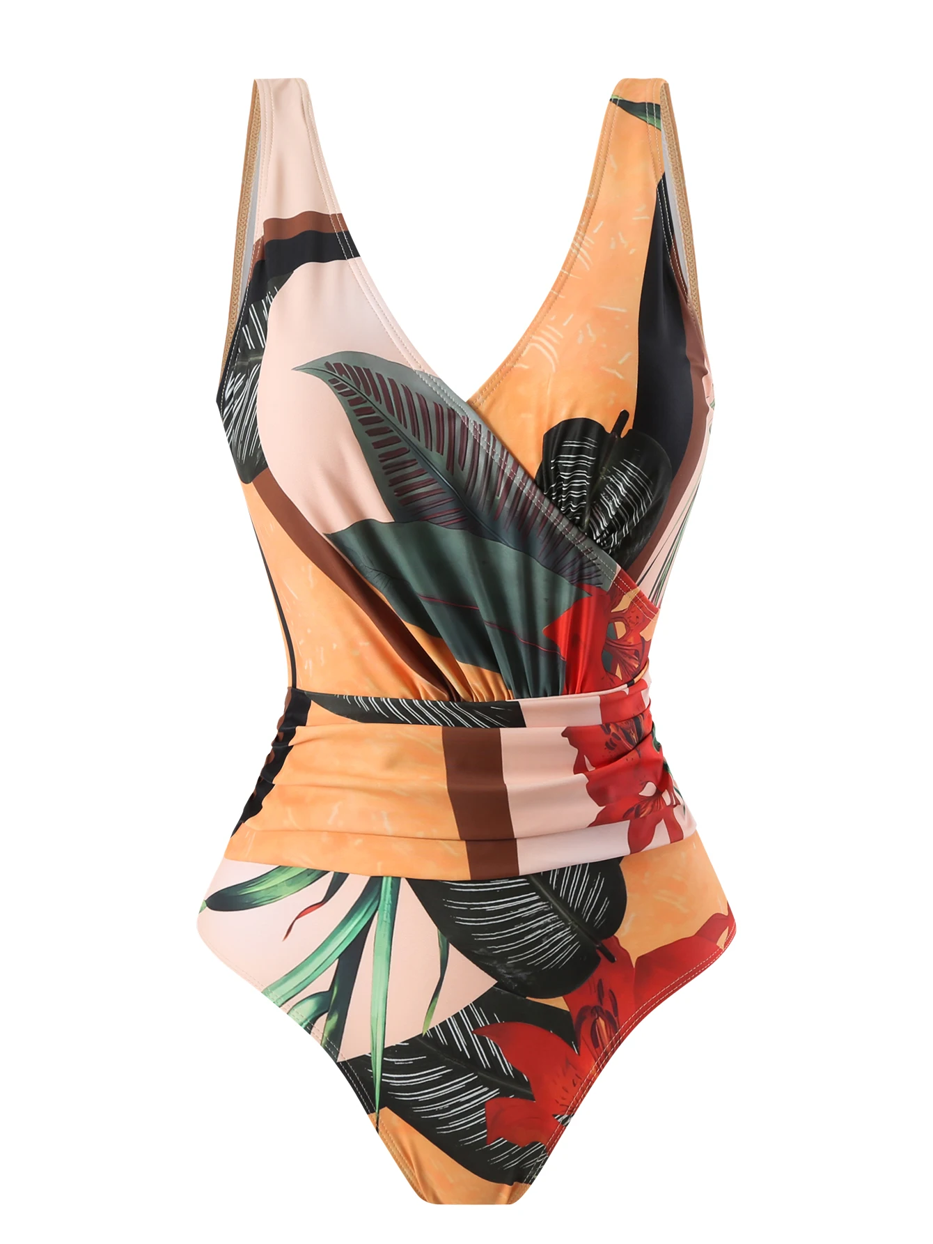 Traje de baño de una pieza con estampado digital retro para mujer, traje de baño de una pieza con cordones para vacaciones en la playa, falda de gasa, conjunto de 2 piezas