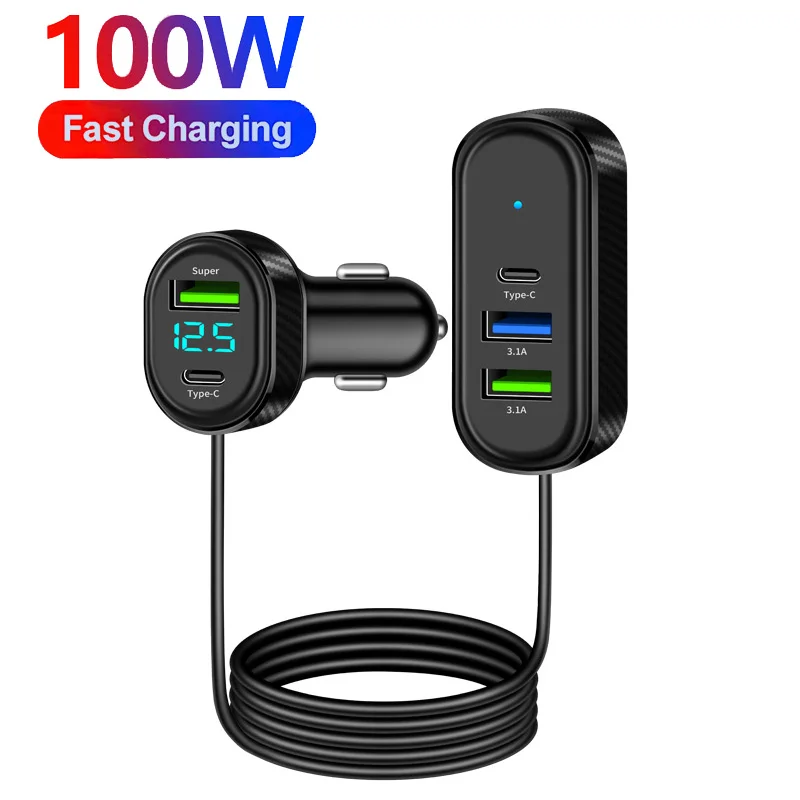 5-Ports USB Type-C Car Charger With 150CM Long Cable 100W Fast Charging Power Adapter For Iphone Samsung Huawei Car Charger