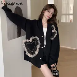 Cute Gauze Patchwork Cardigan Coat Women Sueter Mujer Casual Fashion Knit Oversized Sweater Pull Femme 2024 Fall Winter Clothing