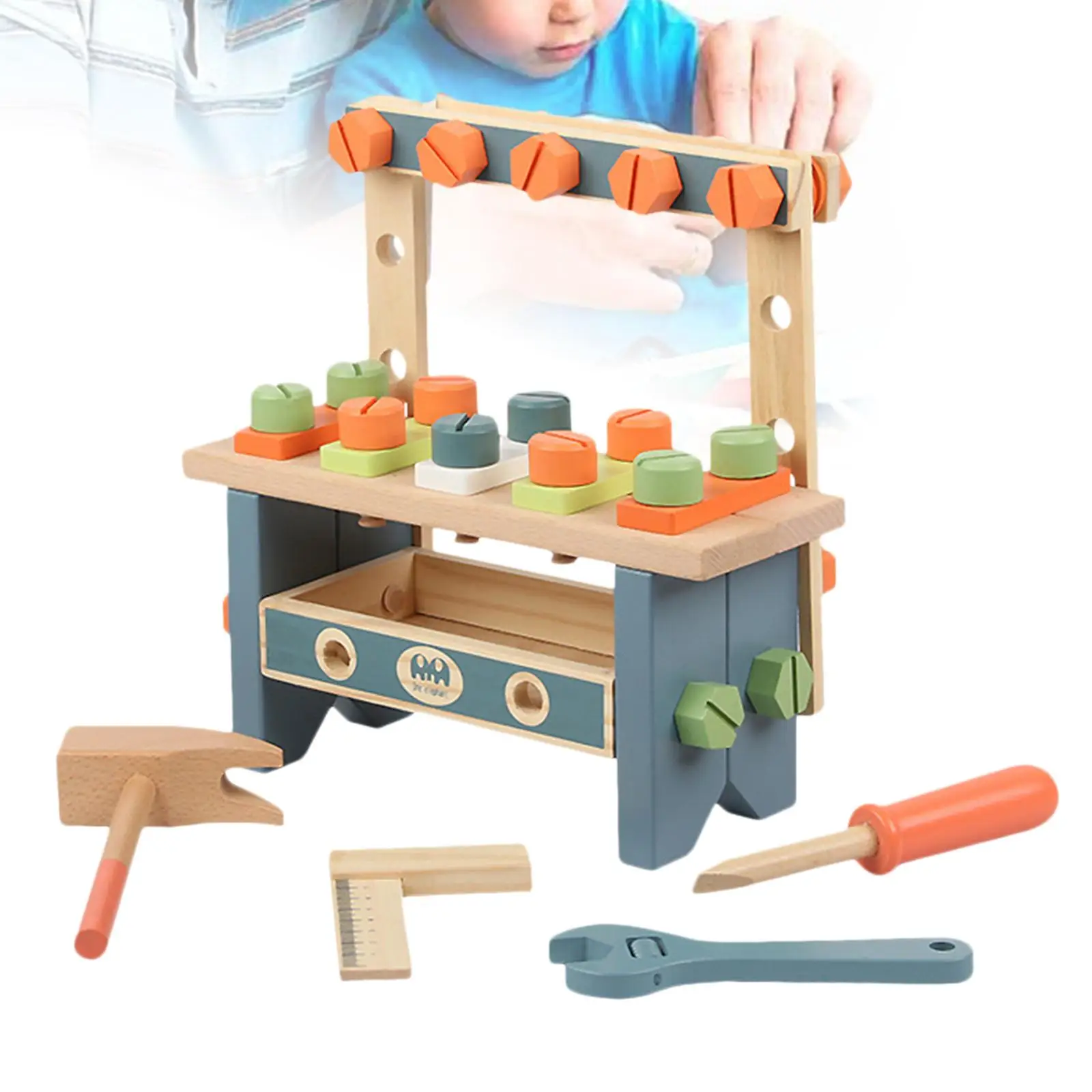 Mini juego de herramientas de madera para niños, juguetes de construcción para niños pequeños, juego de herramientas de madera resistente para niños