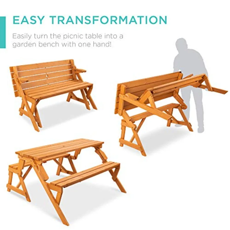 2-in-1 Transforming Interchangeable Outdoor Wooden Picnic Table Garden Bench for Backyard, Porch, Patio, Deck w/Umbrella Hole