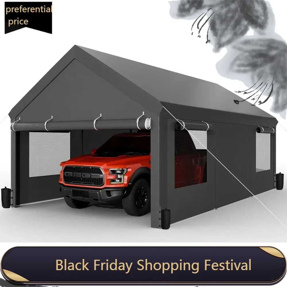 

Carport, 12x20 ft Heavy Duty Carport with Roll-up Windows, Portable Garage with Removable Sidewalls & Doors, Car Canopy