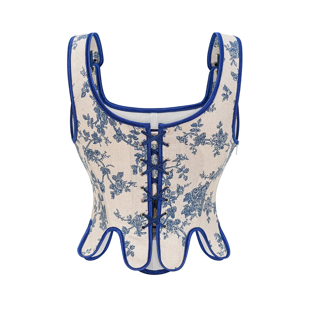 Medieval Women Corsets Top Vintage Gothic Floral Printed Lace up Overbust Bustier Double Strap Body Shapewear Slimming Vest - view 4
