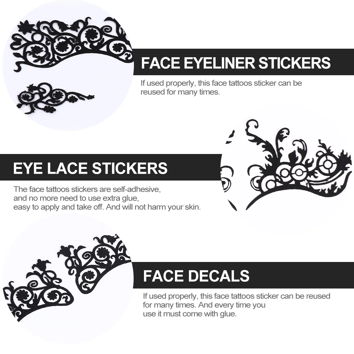 

5pcs Eye Lace Stickers Black Face Tattoos For Cosplay Festival Masquerade Party Reusable Self-Adhesive Body Art Decals