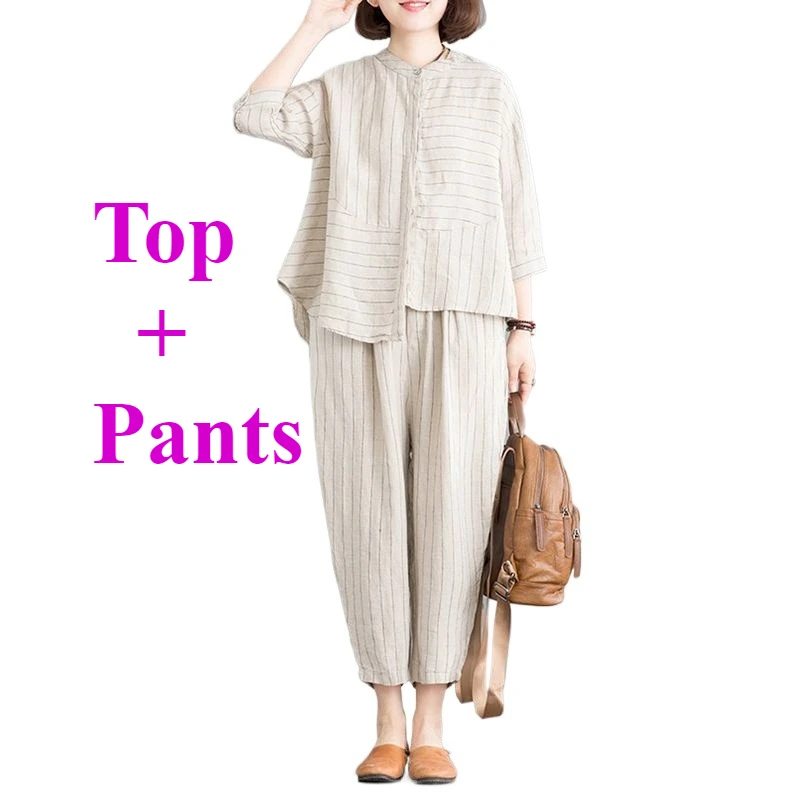 Striped Casual Suits for Women 2026 Summer New in Set Korean Loose Thin Fashion T Shirt and Harem Pants Oversized 2 Piece Sets