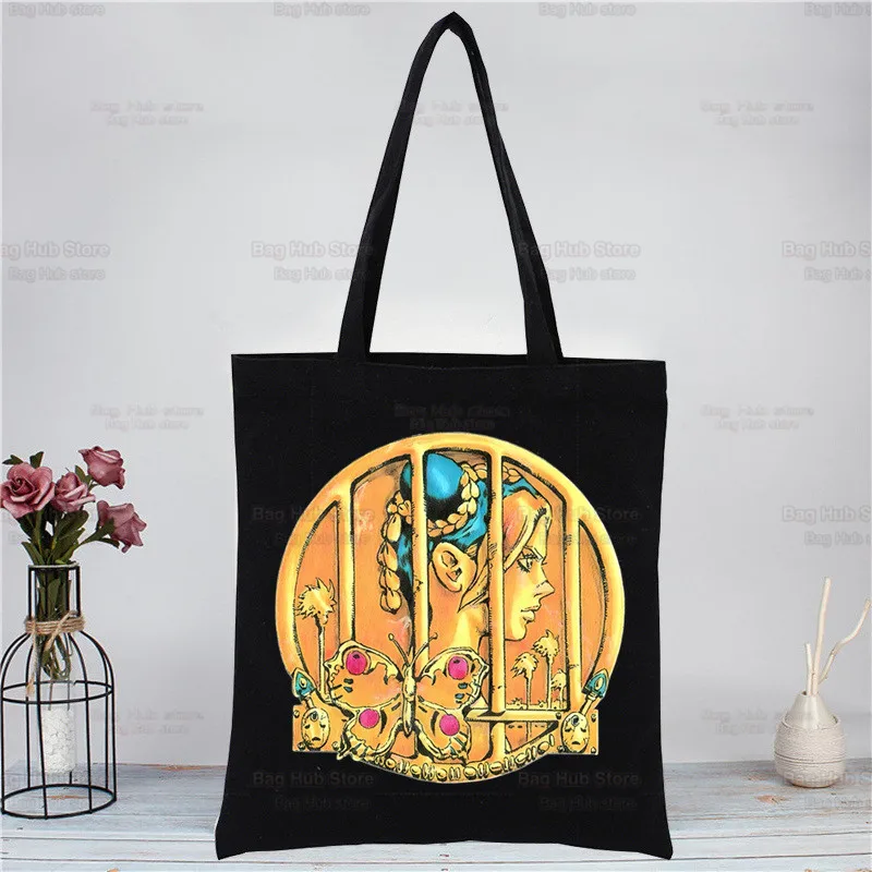 JoJo's Bizarre Adventure Black Tote Bag, Unisex Canvas Bags, Shopping Bags, JOJOS, Kujo Jolyne, Casual Shoulder Bag, Dobrável