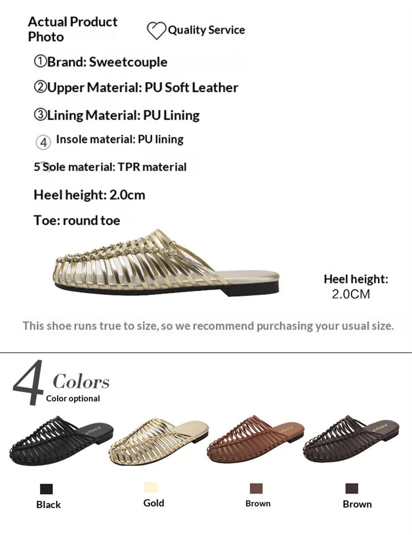 Flat Sandals Mules Summer Slippers Slip-On Casual Shoes for Women Round Toe Low Heel Slippers Hollow Out Women Sandals Size 42