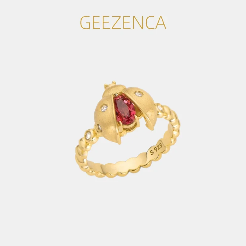 GEEZENCA 925 Sterling Silver Gold Plated Lucky Ladybug Ring With Openable Wings Red Corundum CZ Insect Rings Dainty Jewelry Gift
