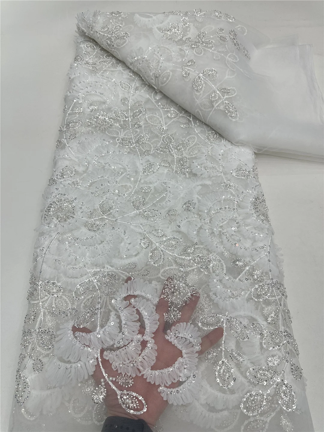 

French Beaded Sequins Lace Fabric 2024 High Quality 5 Yard Mesh Tulle African Lace Fabric Nigerian Wedding Dress for Women