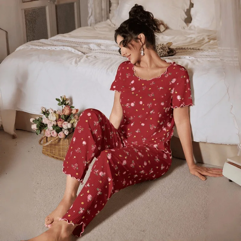 

New Women's Pajamas Floral Short-sleeved Trousers Loungewear Casual Wear Two-piece Set