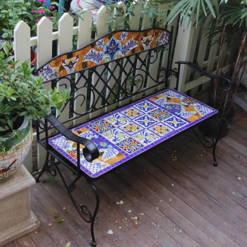 American - Mexican Outdoor Wrought - iron Leisure Park Chair and Bench with Characteristic Porcelain Mosaic.