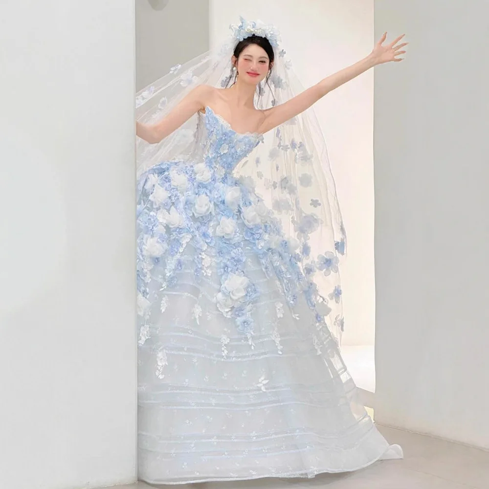 アイスブルーの花ウエディングドレスふわふわ妖精 Gilrs イブニングドレスオフショルダー 3D 花フォーマルドレス婚約ウェディングドレス