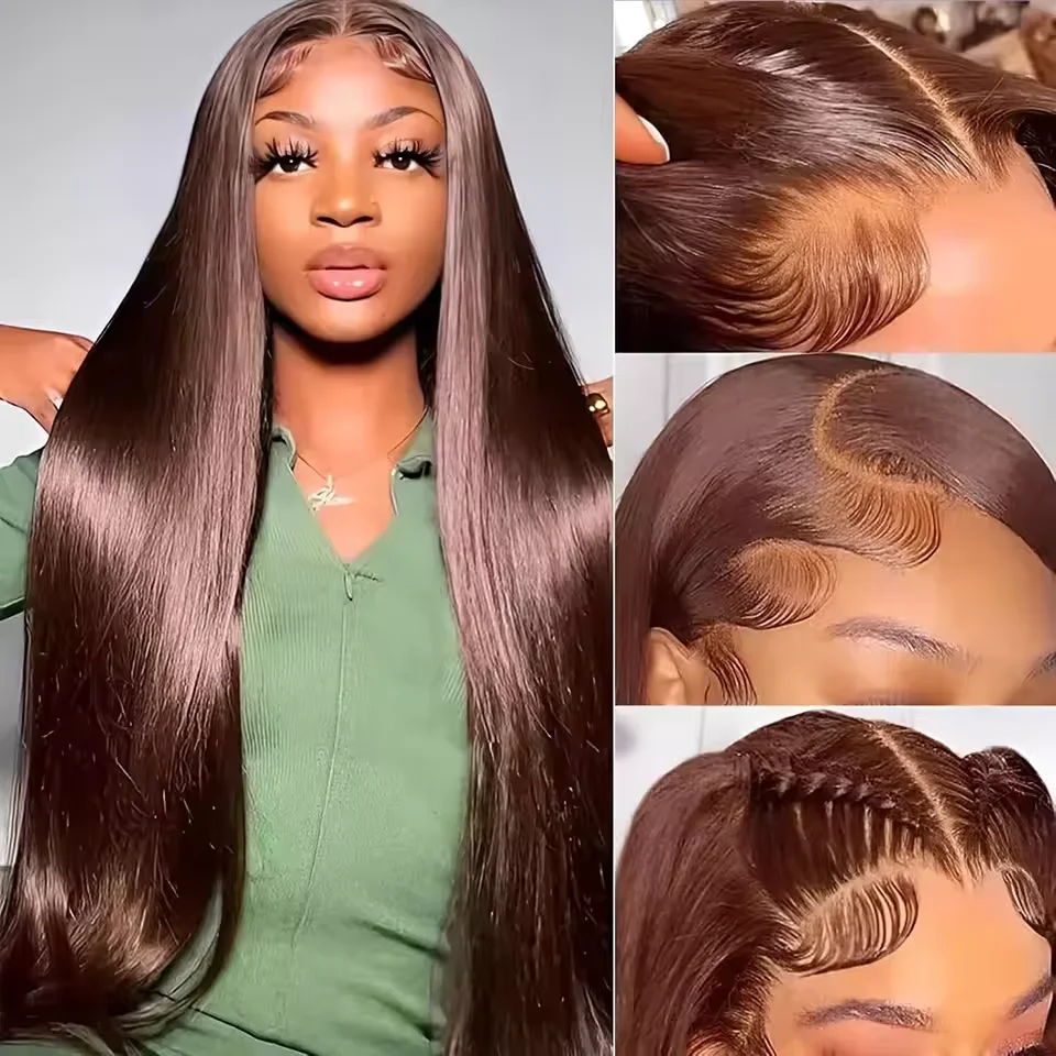 

46 long inches #4 brown chocolate straight human hair 13x6 front wig lace human hair brown colored straight wig human hai