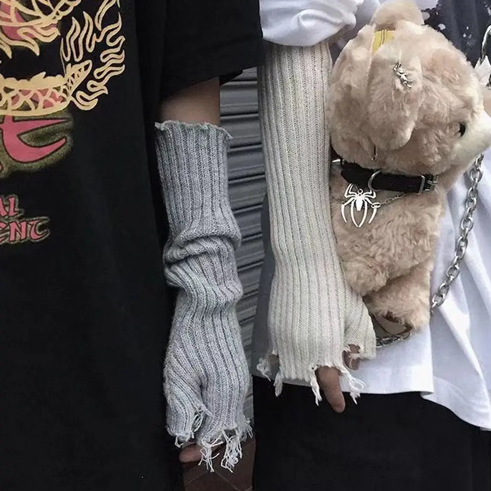 

Arm Warmer Cuff Knit Glove Punk Black Beige Fingerless Long Wrist Gloves Pure Color Broken Styles Elbow Mittens Outdoor Warm