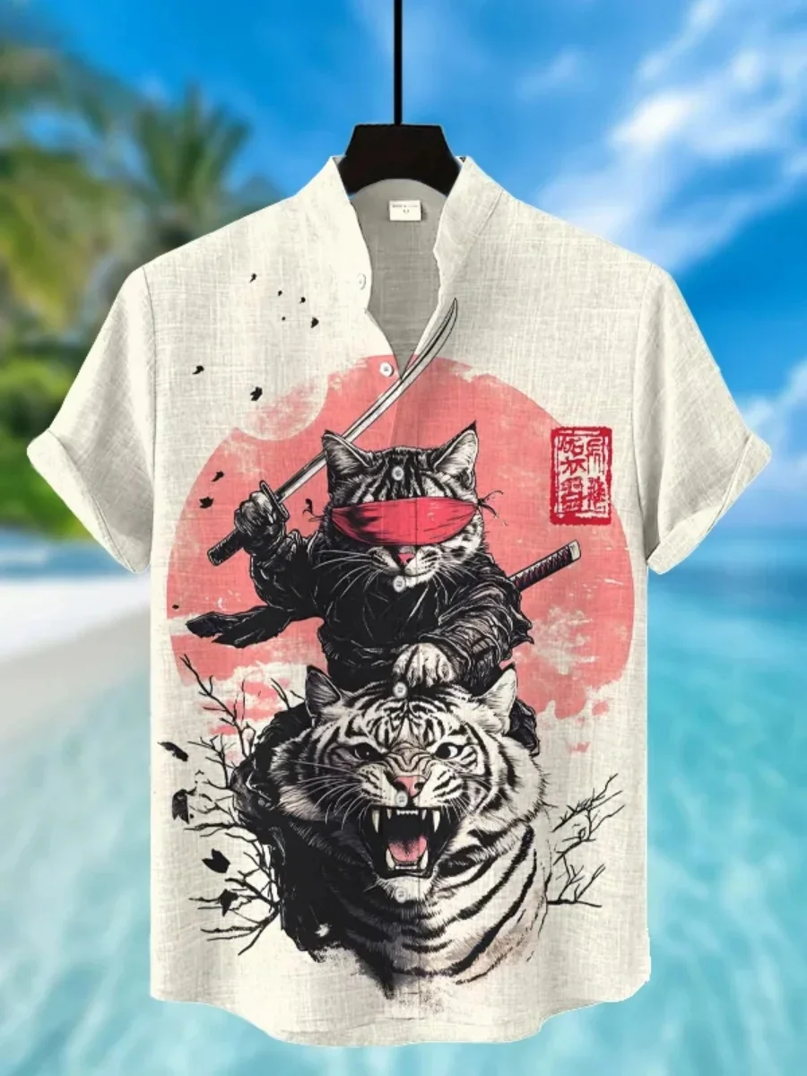 2025 신상 린넨 편안한 원단 캐주얼 스타일 레트로 패턴 프린트 남성 반팔 셔츠 캐주얼 버튼 탑