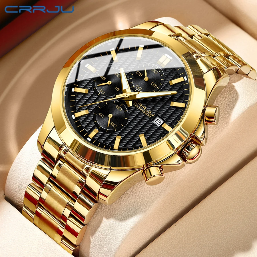 

CRRJU Men Watch New Fashion Quartz Chronograph Steel Strap Luminous Set Calendar Sports Wristwatch for Men