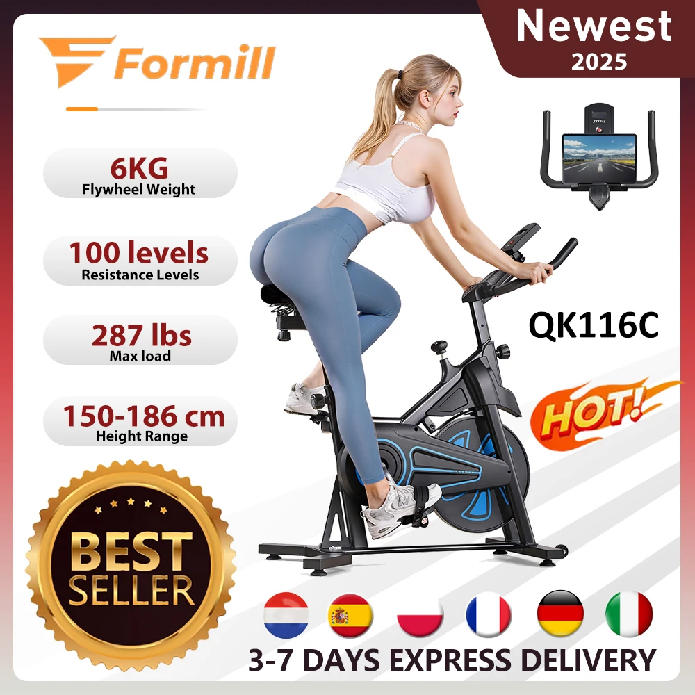 Formill QK116 Bicicleta giratoria magnética para interiores, bicicleta estática para el hogar con volante de inercia de 6 kg con pantalla LCD, resistencia ajustable, cinturón silencioso