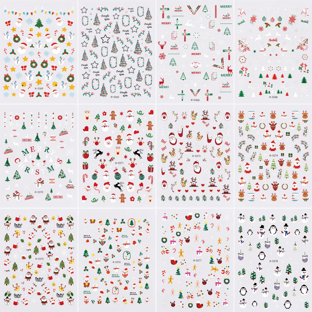 12Pcs Christmas Holiday Nail Art Decals 3D Cartoon Colorful Light Holly Santa Gingerbread Penguin Tree Nail Stickers Nail Slider