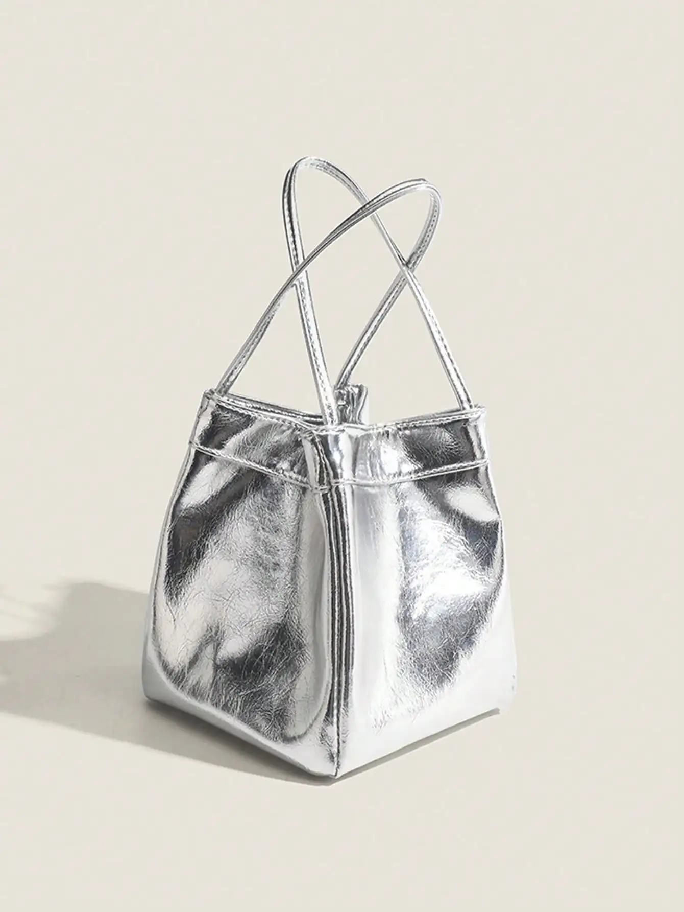 

Shiny Silver PU Leather Square Top-Handle Bucket Bag for Women