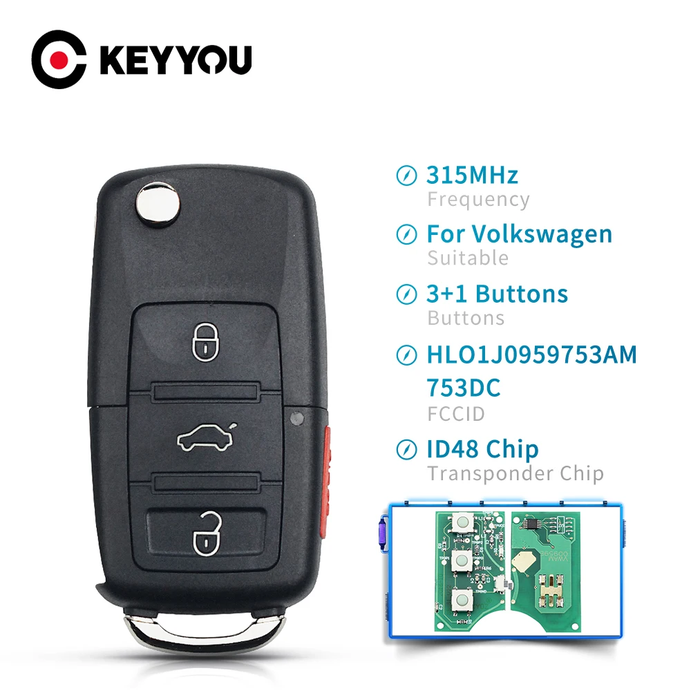 

KEYYOU 1J0959753AM Car Remote Key For VW Volkswagen Beetle Golf Passat Jetta 315Mhz ID48 Chip 2000-2006 Control Flip Key Fob