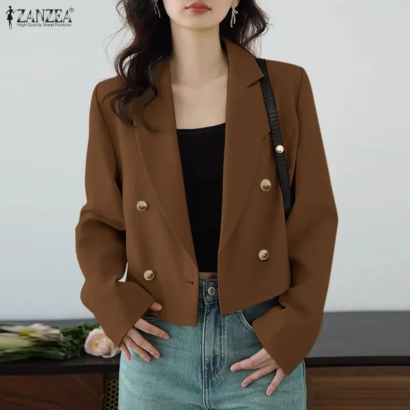 

ZANZEA женский элегантный двубортный пиджак с пиковыми лацканами и длинными рукавами, однотонные повседневные короткие куртки, офисная одежда, пальто, женская одежда