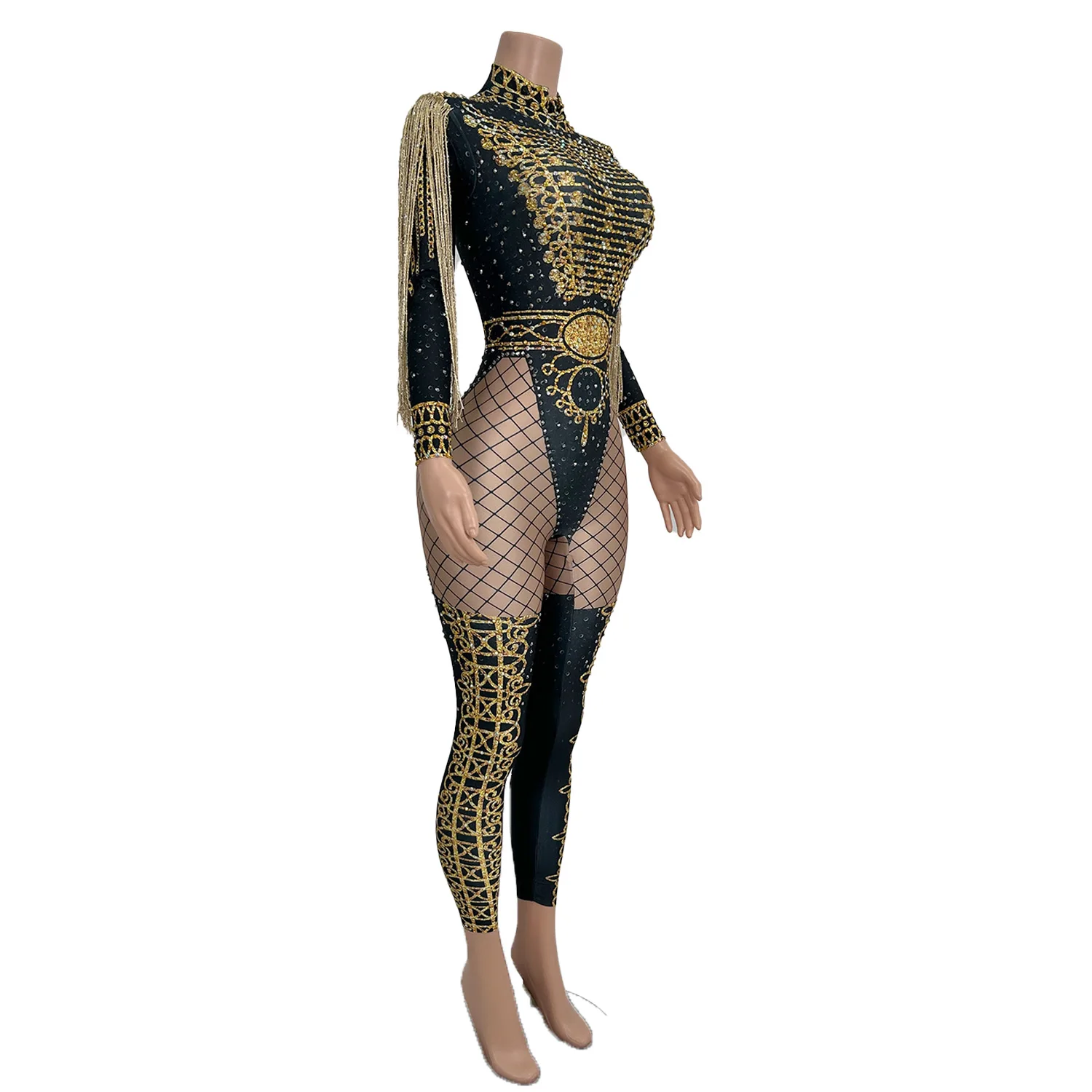 Sexy Gold Tassel Party Jumpsuit Women Skinny Rhinestone Bodysuit Nightclub Dancer Rompers Stage Performance Wear Napolun