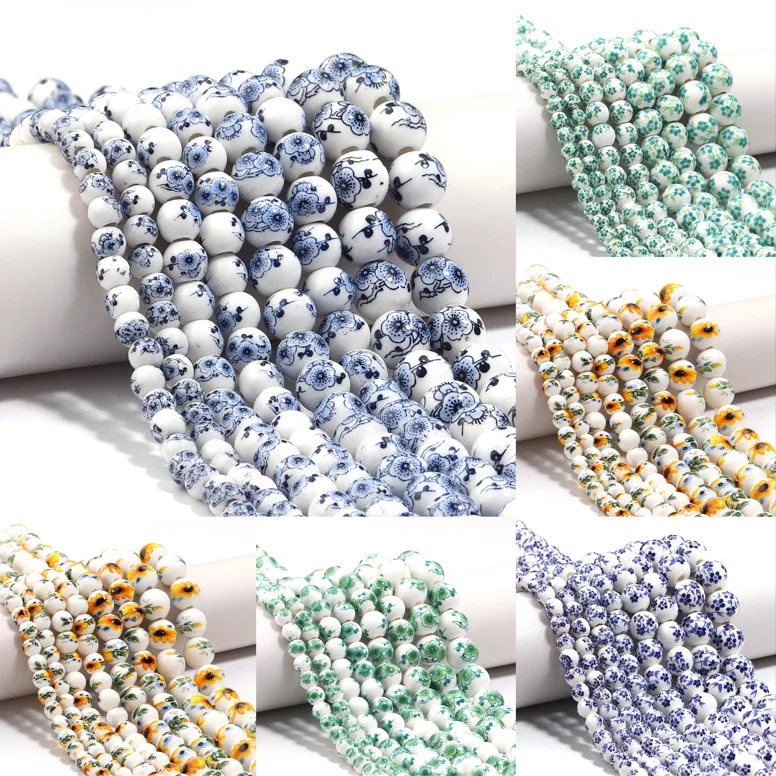 6 8 10 12mm Ceramic Beads Celadon Flower Round Loose Beads For Jewelry Making Bracelet Necklace DIY  Crafts Handmade Accessories