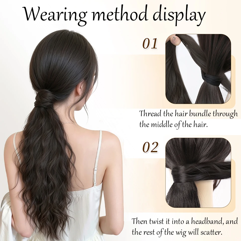 Synthetic Brown Black Long Wavy Wrap Around Magic Stick Ponytail Extension Fluffy Wig Piece For Daily Party Halloween Christmas