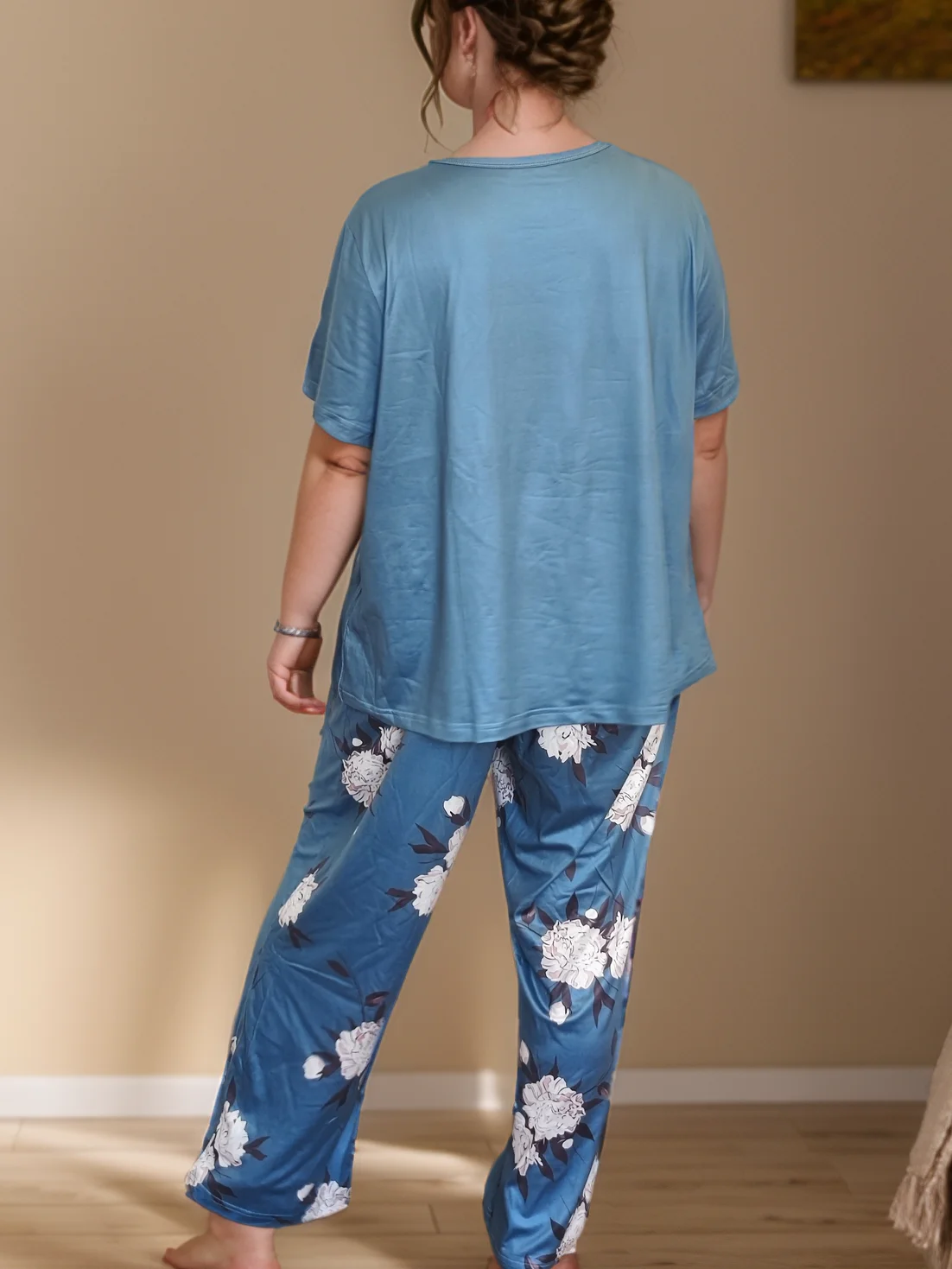 Big Size Women's   Pajama Set Blue Floral Print Elegant Sexy Cool Comfort Round Neck Short Sleeve Elastic Waist Pants Sleepwear