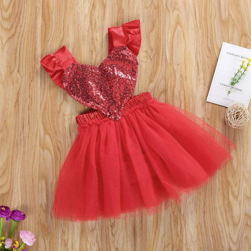 Summer Baby Girls Valentines Days Romper Dress Heart Sequins Ruffles Sleeve Backless Jumpsuits Tulle Dress Gifts