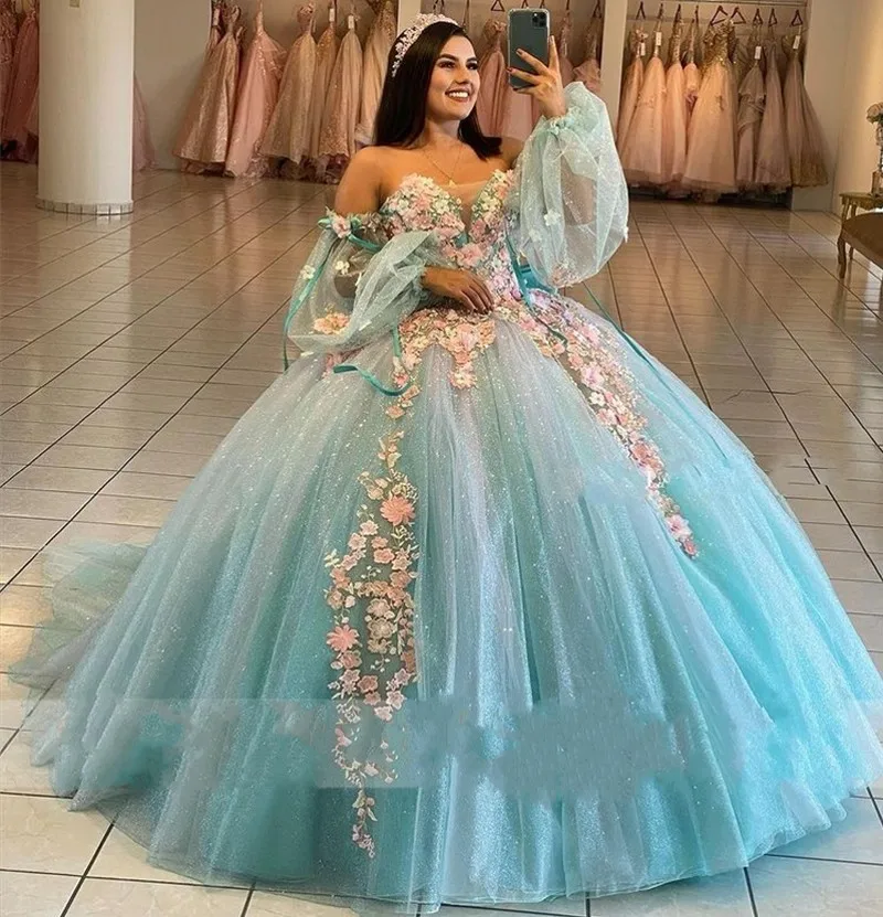 Lake Blue ปิดไหล่ชุดไปงานเต้นรำลูกปัดที่มีสีสัน Appliques Quinceanear ชุดเจ้าหญิงหวาน16 Vestidos De 15ปี2023