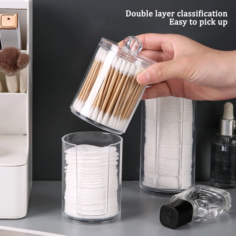 Acrylic Storage Box with Lid Qtip Holder Dispenser Clear Plastic Jar Makeup Organizer Bathroom Canister Storage Organization