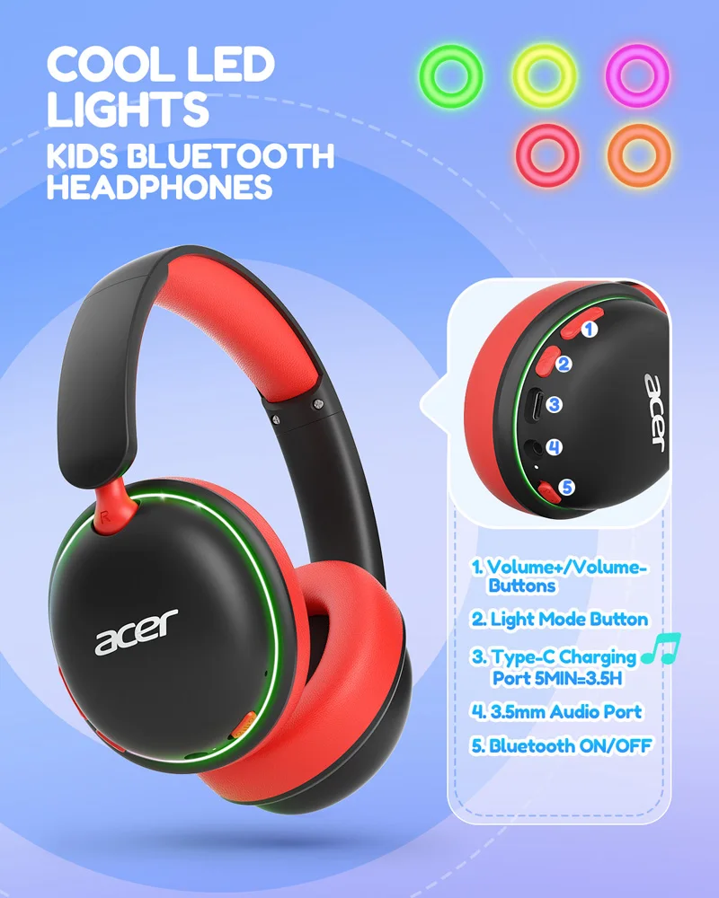 Acer Kids Bluetooth 6.0 Headphones with LED Lights 85dB Safe Volume Built-in Mic Wireless Over Ear Headphones for IPad Tablet
