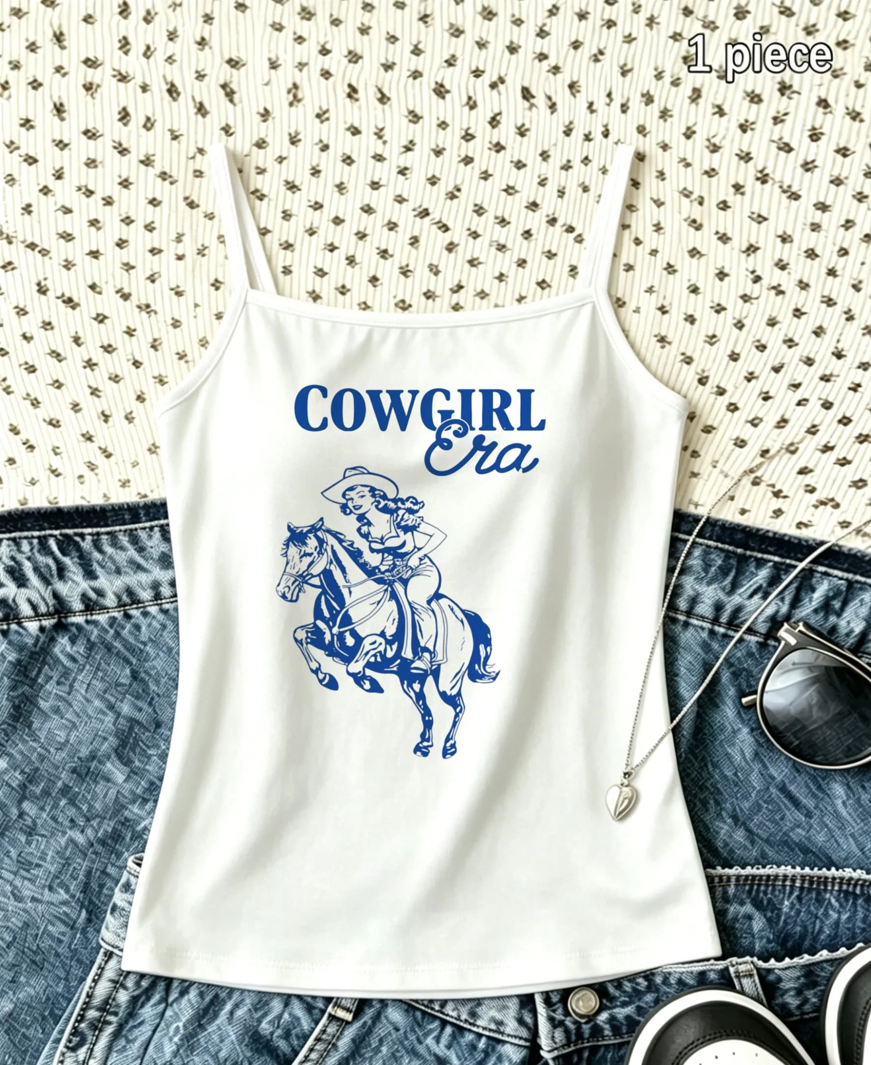 Blue Horse Graphic Camisole Women Western Cowgirl Era Letter Print Slim Fit Tank Top Summer Retro Vibe Casual Streetwear
