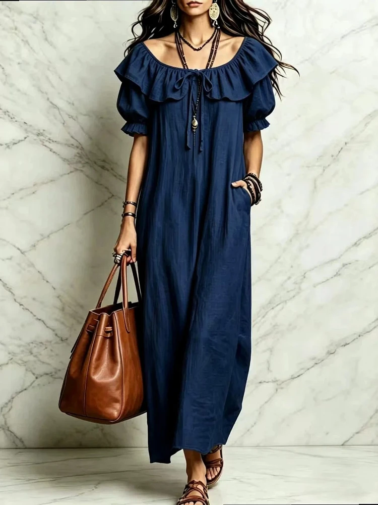 

Elegant Solid Pocket Casual Sleeveless Holiday Beach Dress Women Fashion 2026 Summer Round Neck Ruffle Edge Loose Maxi Dress